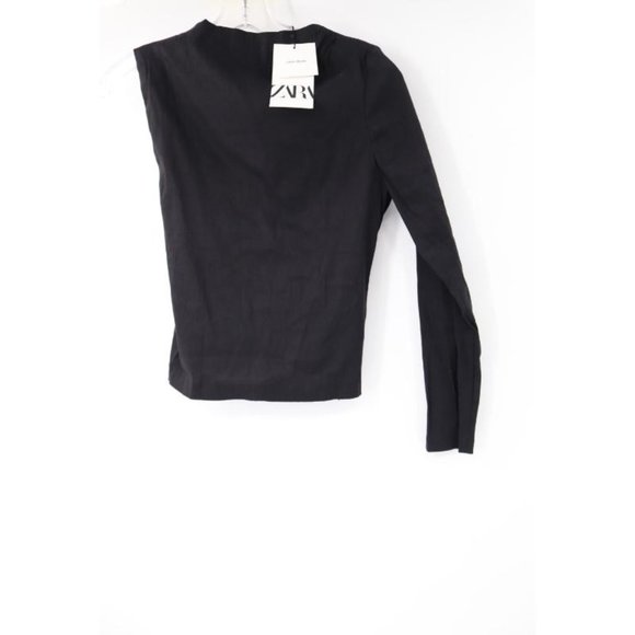 NWT ZARA Top Womens Medium Asymmetric High Collar Long Sleeve Cutout Back linen - Picture 2 of 11